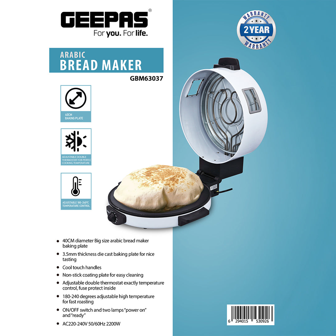 Geepas GBM63037 Arabic Bread Maker | 40cm Large Baking Plate for Perfect Arabic Bread, Pita & Flatbreads |Adjustable Temperature, Non-Stick Coating, Cool-Touch Handles