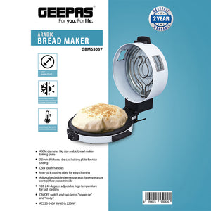Geepas GBM63037 Arabic Bread Maker | 40cm Large Baking Plate for Perfect Arabic Bread, Pita & Flatbreads |Adjustable Temperature, Non-Stick Coating, Cool-Touch Handles