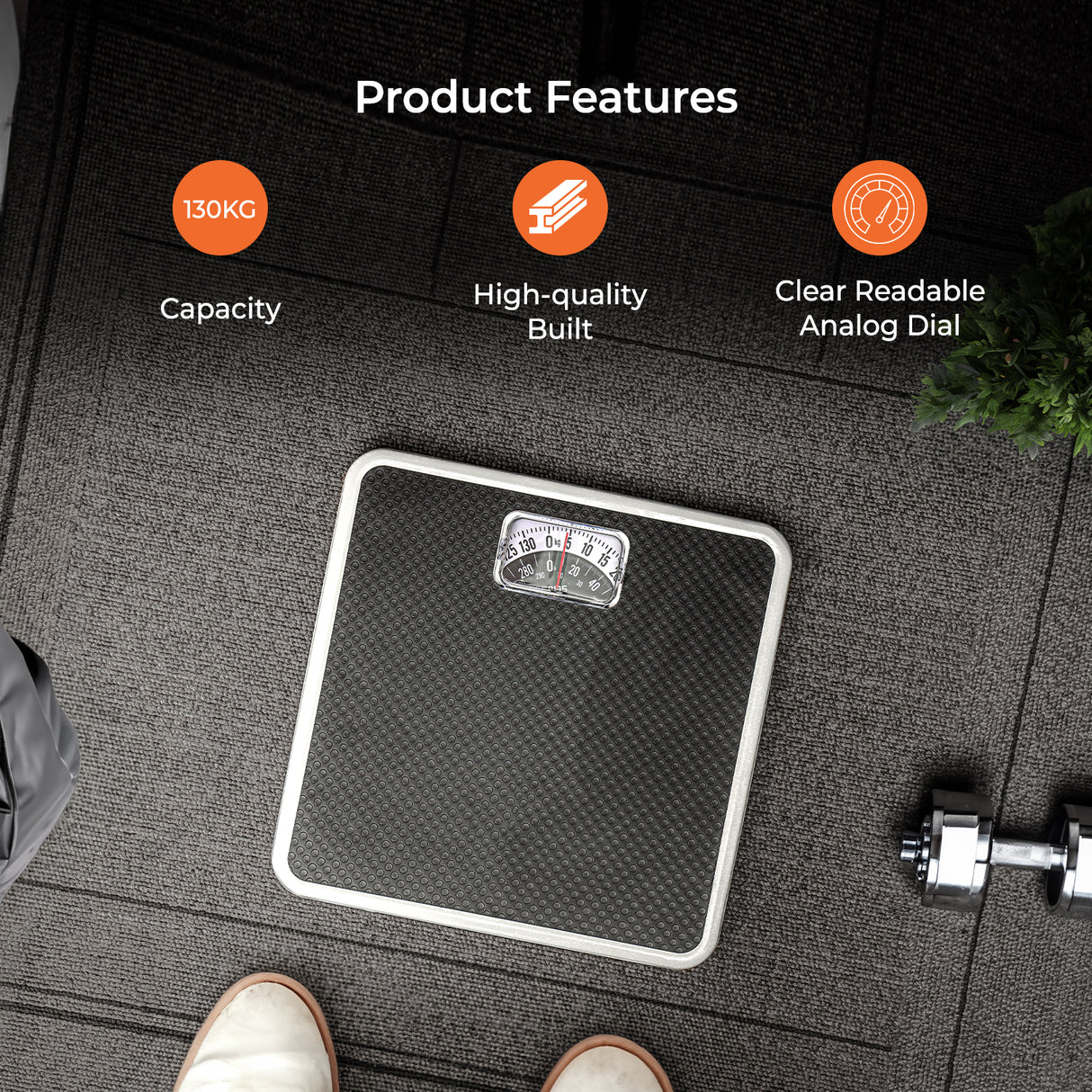 Geepas Mechanical Health Scale-GBS4169N /Multi-Purpose Weighing Machine /High Precision, Calibration Wheel/130 kg Capacity, with Step-On Technology/Black,2 Years Warranty