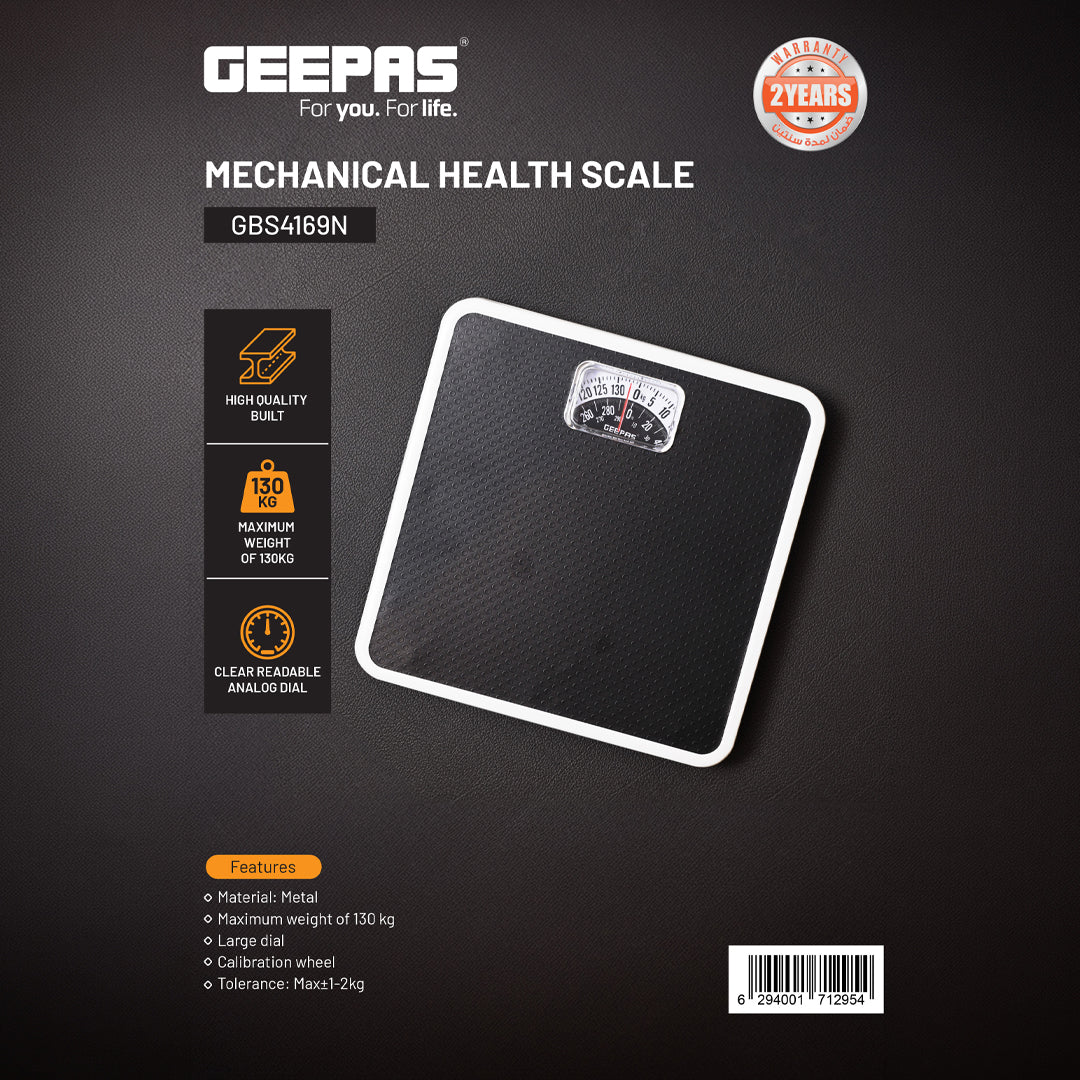 Geepas Mechanical Health Scale-GBS4169N /Multi-Purpose Weighing Machine /High Precision, Calibration Wheel/130 kg Capacity, with Step-On Technology/Black,2 Years Warranty