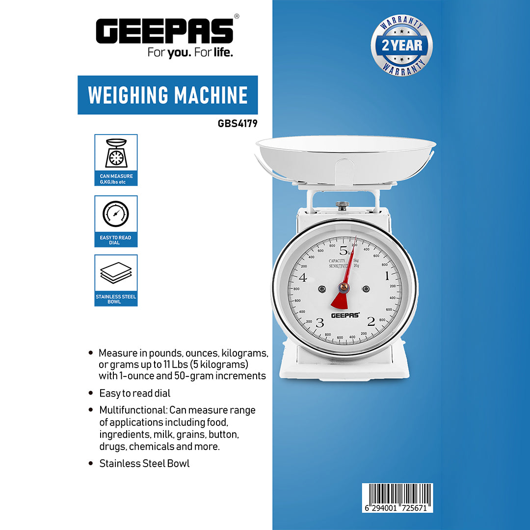 Geepas GBS4179 Mechanical Weighing Scale | 5kg Capacity Kitchen Scale with Stainless Steel Bowl| Easy-to-Read Dial| Multi-Unit Measurement| Accurate | 2 Years Warranty