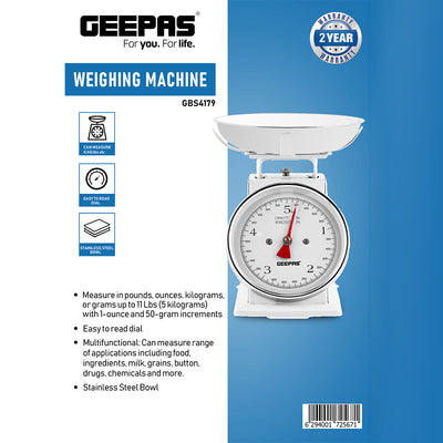 Geepas GBS4179 Mechanical Weighing Scale | 5kg Capacity Kitchen Scale with Stainless Steel Bowl| Easy-to-Read Dial| Multi-Unit Measurement| Accurate | 2 Years Warranty