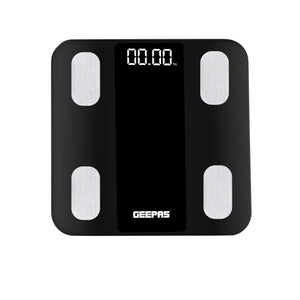 Geepas GBS4180 Smart Body Fat Scale | Bluetooth Digital Health Scale 180kg | 5mm tempered glass platform  | 63 × 27 mm white LED display | Automatic measurement