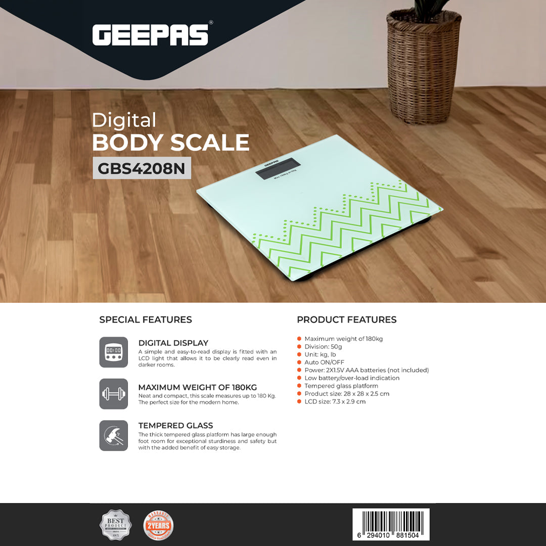 Geepas GBS4208 Digital Body Scale | Tempered Glass Platform| LCD Display| 180kg Capacity| Auto On/Off| Low Battery Indicator| High Precision Sensor| 2 Years Warranty