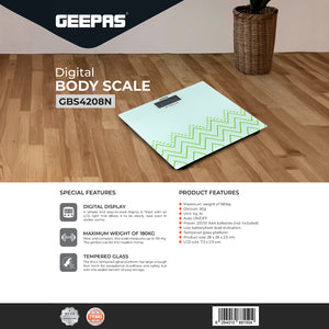 Geepas GBS4208 Digital Body Scale | Tempered Glass Platform| LCD Display| 180kg Capacity| Auto On/Off| Low Battery Indicator| High Precision Sensor| 2 Years Warranty