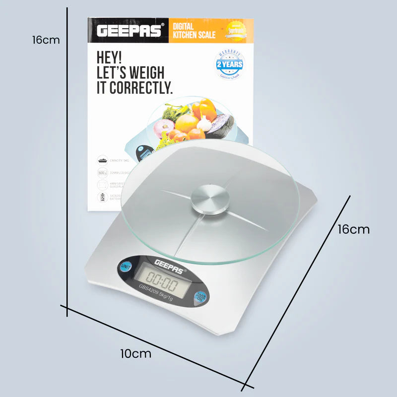 Geepas Digital Kitchen Scale GBS4209 – 5kg Capacity| Safety Glass Platform| High Precision Measurement| Easy-to-Read Display| Compact & Durable Design| 2 Years Warranty