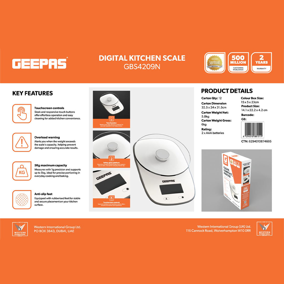 Geepas Digital Kitchen Scale GBS4209 – 5kg Capacity| Safety Glass Platform| High Precision Measurement| Easy-to-Read Display| Compact & Durable Design| 2 Years Warranty