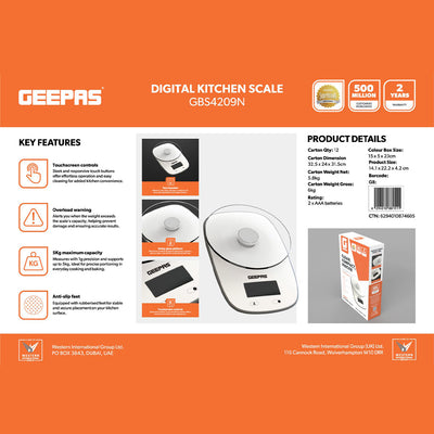 Geepas Digital Kitchen Scale GBS4209 – 5kg Capacity| Safety Glass Platform| High Precision Measurement| Easy-to-Read Display| Compact & Durable Design| 2 Years Warranty