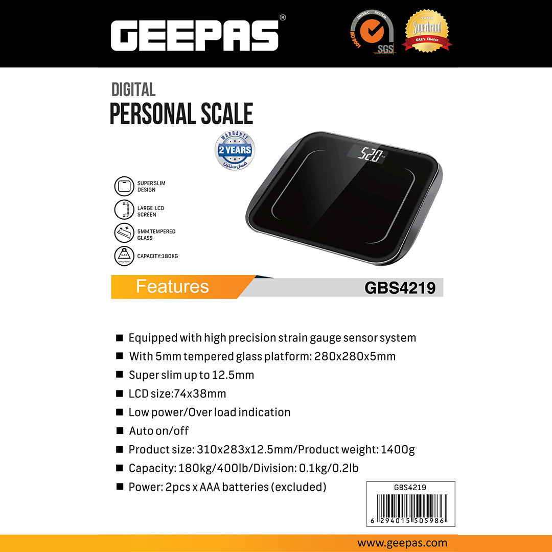 Geepas GBS4219 Digital Personal Scale | Super Slim Design | 5mm Tempered Glass | High Precision Strain Gauge Sensor| 180kg Capacity | LCD Display | 2 Years Warranty