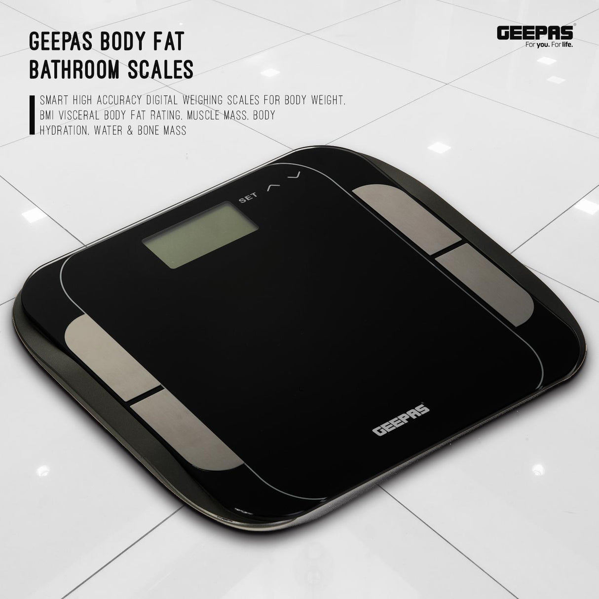 Geepas GBS46506UK Digital Body Fat Scale | BIA Technology| LCD Display| 180Kg Capacity| Measures Fat, Water, Muscle, Bone & BMI| Auto On/Off| Super Slim  Glass Design