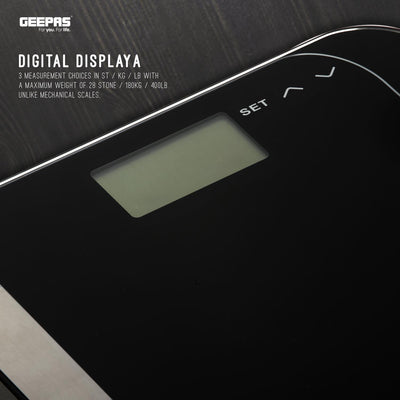 Geepas GBS46506UK Digital Body Fat Scale | BIA Technology| LCD Display| 180Kg Capacity| Measures Fat, Water, Muscle, Bone & BMI| Auto On/Off| Super Slim  Glass Design