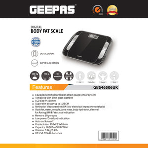 Geepas GBS46506UK Digital Body Fat Scale | BIA Technology| LCD Display| 180Kg Capacity| Measures Fat, Water, Muscle, Bone & BMI| Auto On/Off| Super Slim  Glass Design