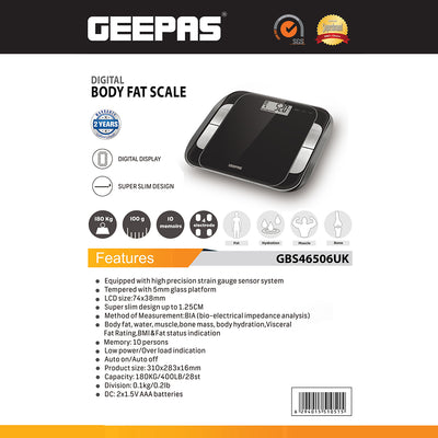 Geepas GBS46506UK Digital Body Fat Scale | BIA Technology| LCD Display| 180Kg Capacity| Measures Fat, Water, Muscle, Bone & BMI| Auto On/Off| Super Slim  Glass Design
