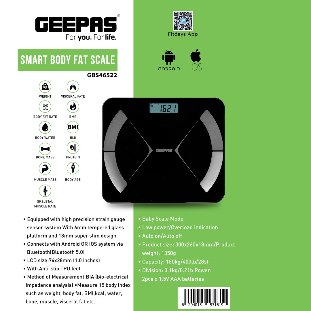 Geepas GBS46522 Smart Body Fat Scale | Bluetooth 5.0 | 6mm Tempered Glass Platform | 15 Body Metrics | Fitdays App| Baby Scale Mode| 180kg Capacity | Auto On/Off|