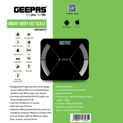 Geepas GBS46522 Smart Body Fat Scale | Bluetooth 5.0 | 6mm Tempered Glass Platform | 15 Body Metrics | Fitdays App| Baby Scale Mode| 180kg Capacity | Auto On/Off|