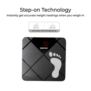 Geepas Digital Body Scale GBS46523UK | 180kg Capacity, High Precision Gauge Sensor, Tempered Glass with ABS Base | Durable, Stylish, Accurate Weighing, 2Year Warranty