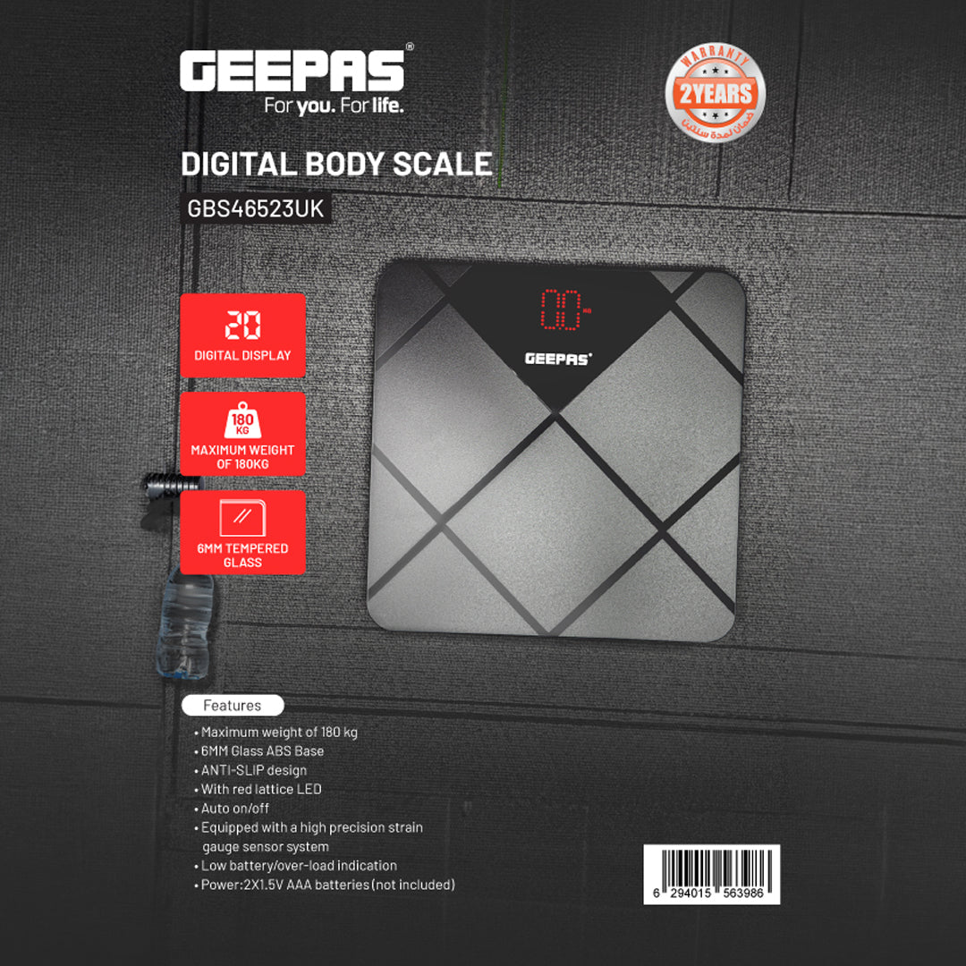 Geepas Digital Body Scale GBS46523UK | 180kg Capacity, High Precision Gauge Sensor, Tempered Glass with ABS Base | Durable, Stylish, Accurate Weighing, 2Year Warranty