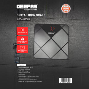 Geepas Digital Body Scale GBS46523UK | 180kg Capacity, High Precision Gauge Sensor, Tempered Glass with ABS Base | Durable, Stylish, Accurate Weighing, 2Year Warranty