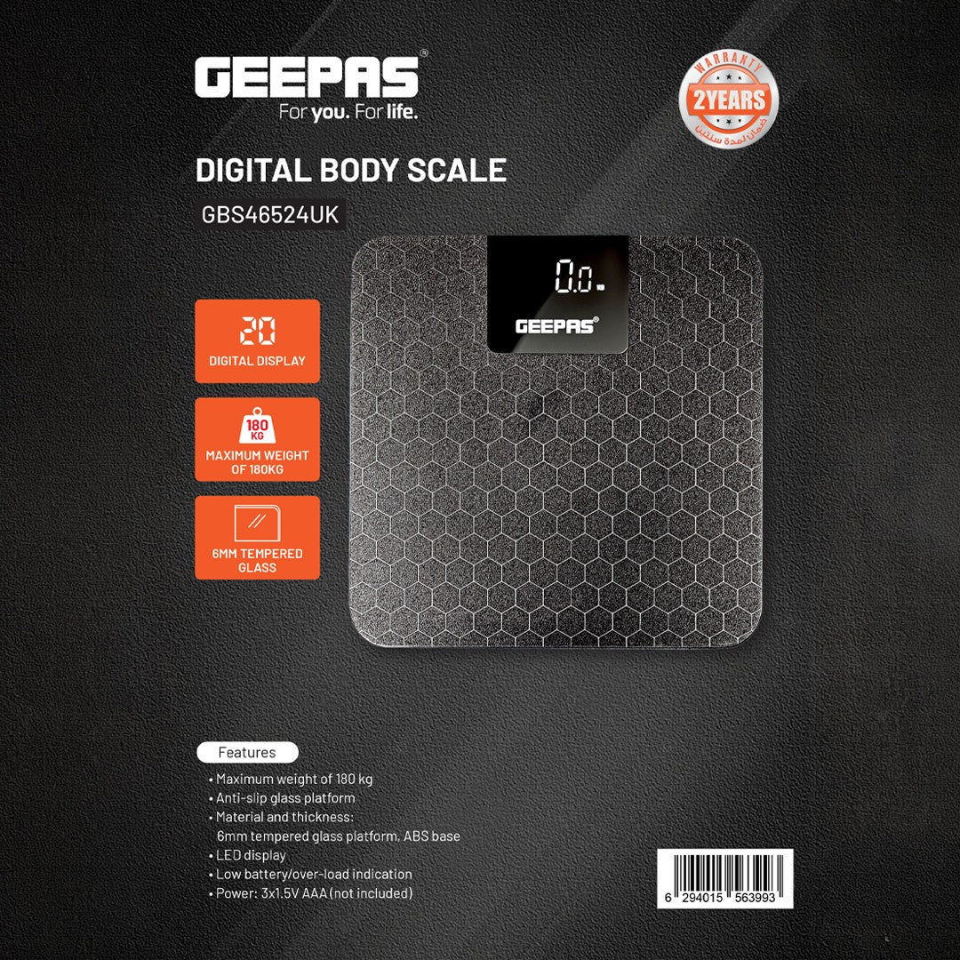 Geepas GBS46524UK Digital Body Scale | High Precision Sensor System | 180kg Capacity, Tempered Glass Top, ABS Base | Multi-Purpose Body Weighing Machine | 2 Year Warranty