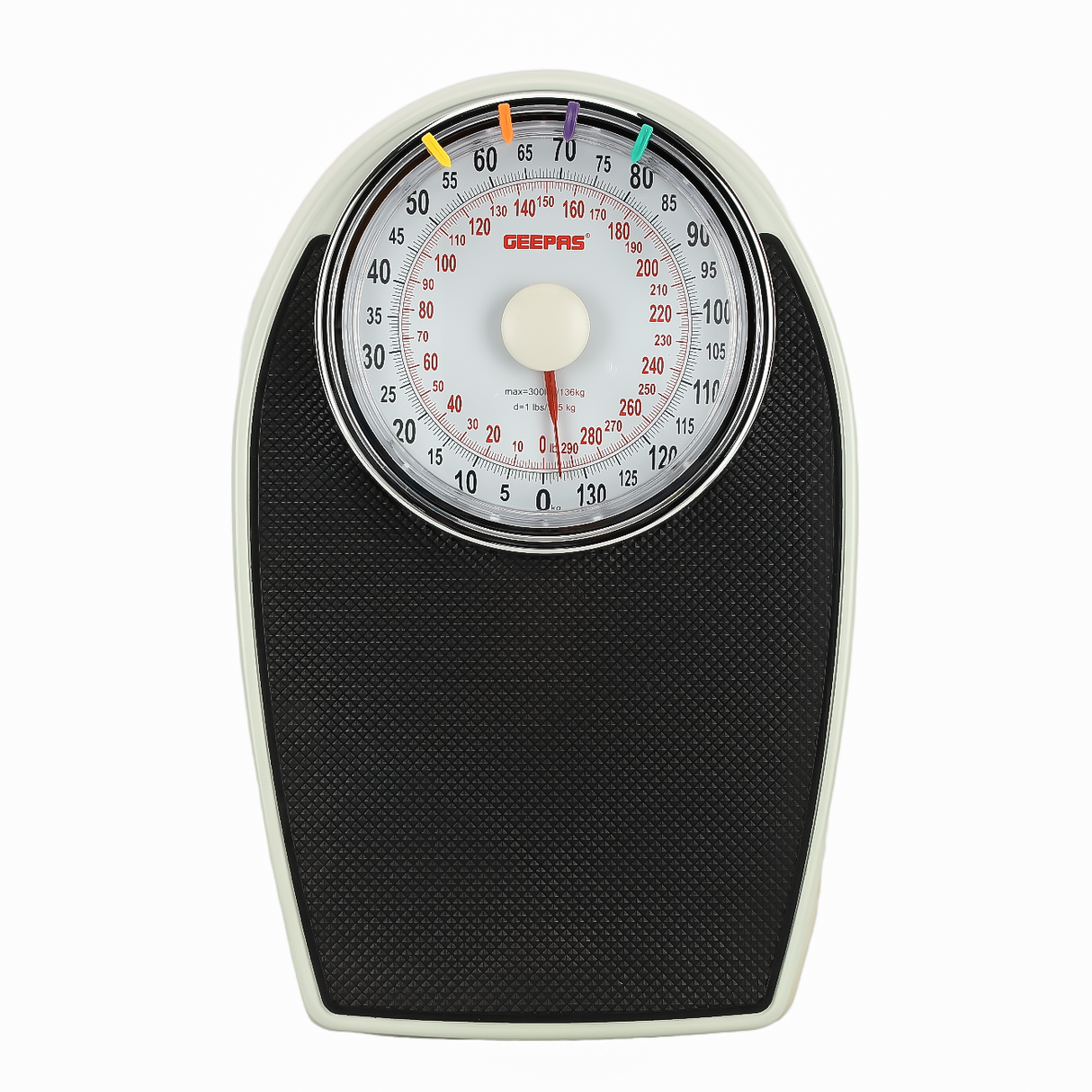 Geepas Mechanical Personal Scale- GBS46528UK/ 136KG Capacity, High Precision Dial, Metal Body, Leather Surface, Step-On Tech, Multi-Purpose Use, White & Black, 2Y Warranty