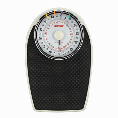 Geepas Mechanical Personal Scale- GBS46528UK/ 136KG Capacity, High Precision Dial, Metal Body, Leather Surface, Step-On Tech, Multi-Purpose Use, White & Black, 2Y Warranty