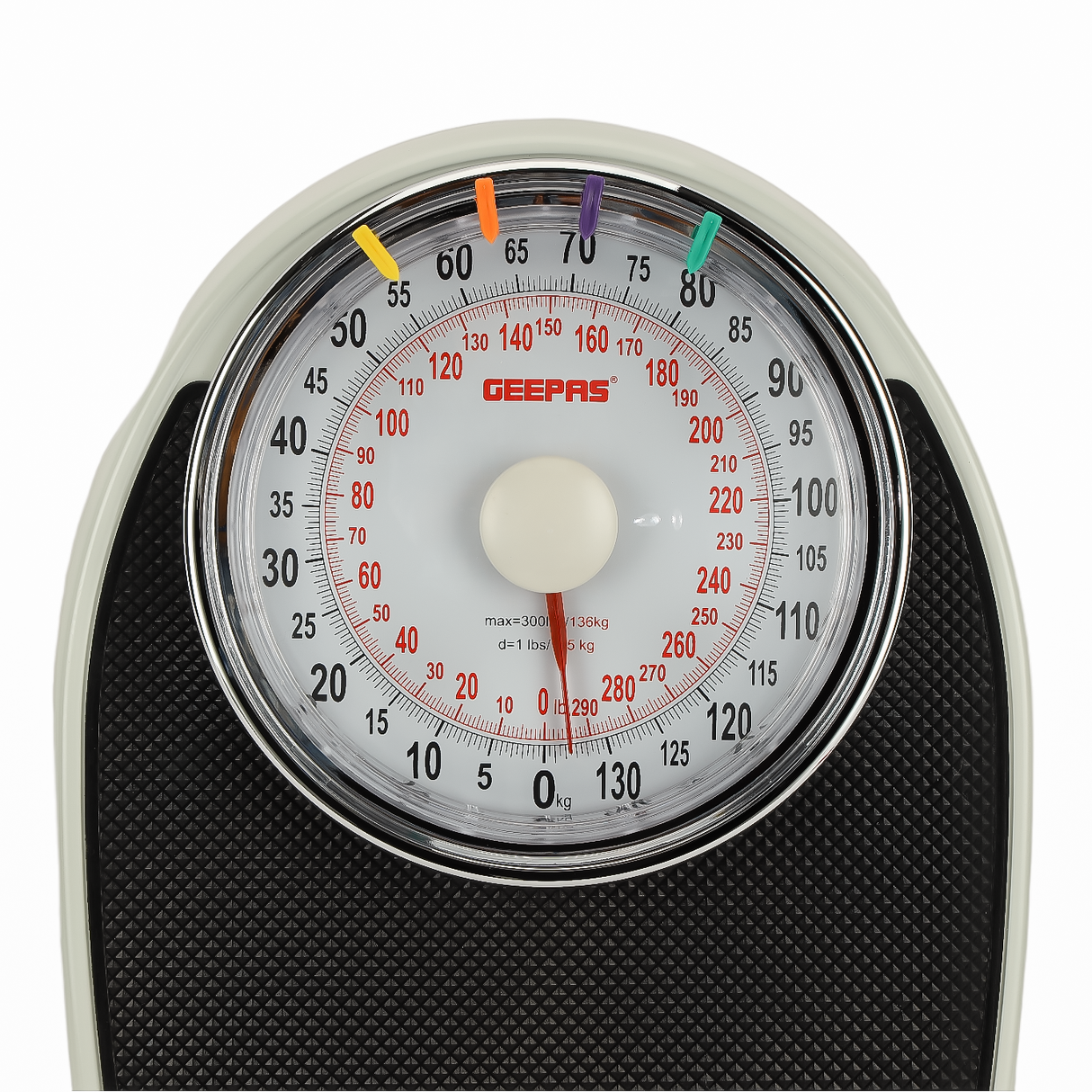 Geepas Mechanical Personal Scale- GBS46528UK/ 136KG Capacity, High Precision Dial, Metal Body, Leather Surface, Step-On Tech, Multi-Purpose Use, White & Black, 2Y Warranty