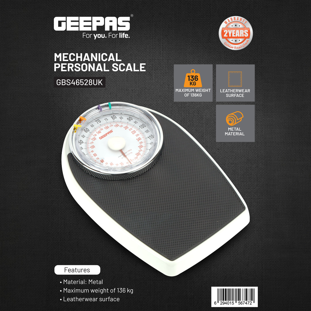 Geepas Mechanical Personal Scale- GBS46528UK/ 136KG Capacity, High Precision Dial, Metal Body, Leather Surface, Step-On Tech, Multi-Purpose Use, White & Black, 2Y Warranty