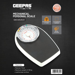 Geepas Mechanical Personal Scale- GBS46528UK/ 136KG Capacity, High Precision Dial, Metal Body, Leather Surface, Step-On Tech, Multi-Purpose Use, White & Black, 2Y Warranty