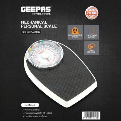 Geepas Mechanical Personal Scale- GBS46528UK/ 136KG Capacity, High Precision Dial, Metal Body, Leather Surface, Step-On Tech, Multi-Purpose Use, White & Black, 2Y Warranty