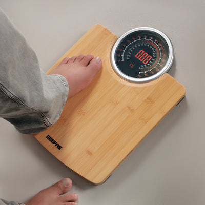 Geepas Electronic Personal Scale GBS46529 | 180kg Capacity | High Precision Gauge Sensor | Digital Display | Bamboo Top with ABS Case & AS Lens | 2-Year Warranty