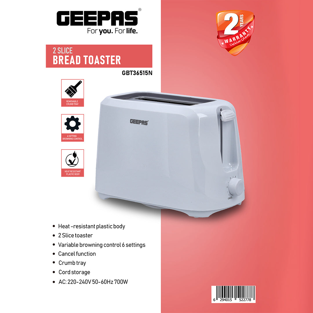 Geepas 2-Slice Bread Toaster GBT36515 | 700W Power| 6 Adjustable Browning Levels| Removable Crumb Tray| Auto Pop-Up Function| Cool Touch Body | 2-Year Warranty