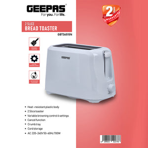 Geepas 2-Slice Bread Toaster GBT36515 | 700W Power| 6 Adjustable Browning Levels| Removable Crumb Tray| Auto Pop-Up Function| Cool Touch Body | 2-Year Warranty