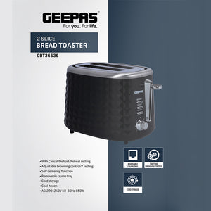 Geepas GBT36536 2-Slice Bread Toaster | 850W Power | 7 Adjustable Browning Levels | Cancel, Defrost & Reheat Functions | Removable Crumb Tray | Cool-Touch Housing