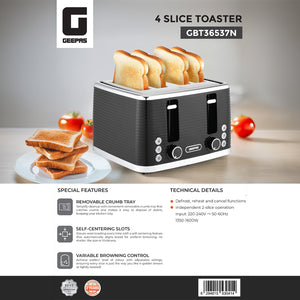 Geepas GBT36537 4-Slice Bread Toaster | 1350- 1600W Power  | Variable Browning Control | Dual Control Panels | Cancel, Defrost & Reheat Functions |  2 Years Warranty