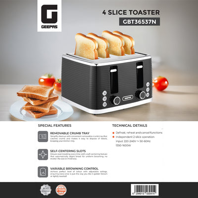 Geepas GBT36537 4-Slice Bread Toaster | 1350- 1600W Power  | Variable Browning Control | Dual Control Panels | Cancel, Defrost & Reheat Functions |  2 Years Warranty