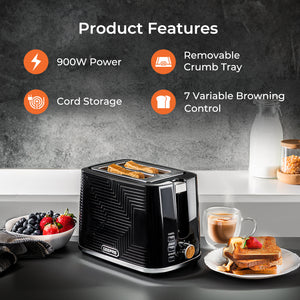 Geepas GBT36554UK-BK 2 Slice Bread Toaster 900W | 7 Browning Settings|  Reheat & Defrost Functions | Auto Cut-Off Safety | Removable Crumb Tray and 2 Year Warranty