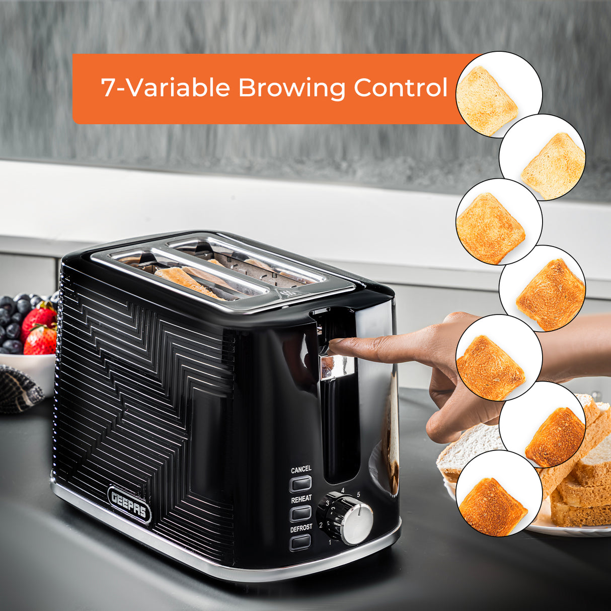 Geepas GBT36554UK-BK 2 Slice Bread Toaster 900W | 7 Browning Settings|  Reheat & Defrost Functions | Auto Cut-Off Safety | Removable Crumb Tray and 2 Year Warranty