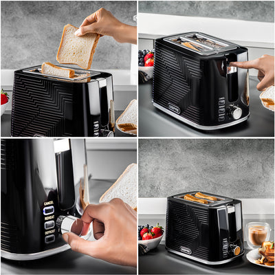 Geepas GBT36554UK-BK 2 Slice Bread Toaster 900W | 7 Browning Settings|  Reheat & Defrost Functions | Auto Cut-Off Safety | Removable Crumb Tray and 2 Year Warranty