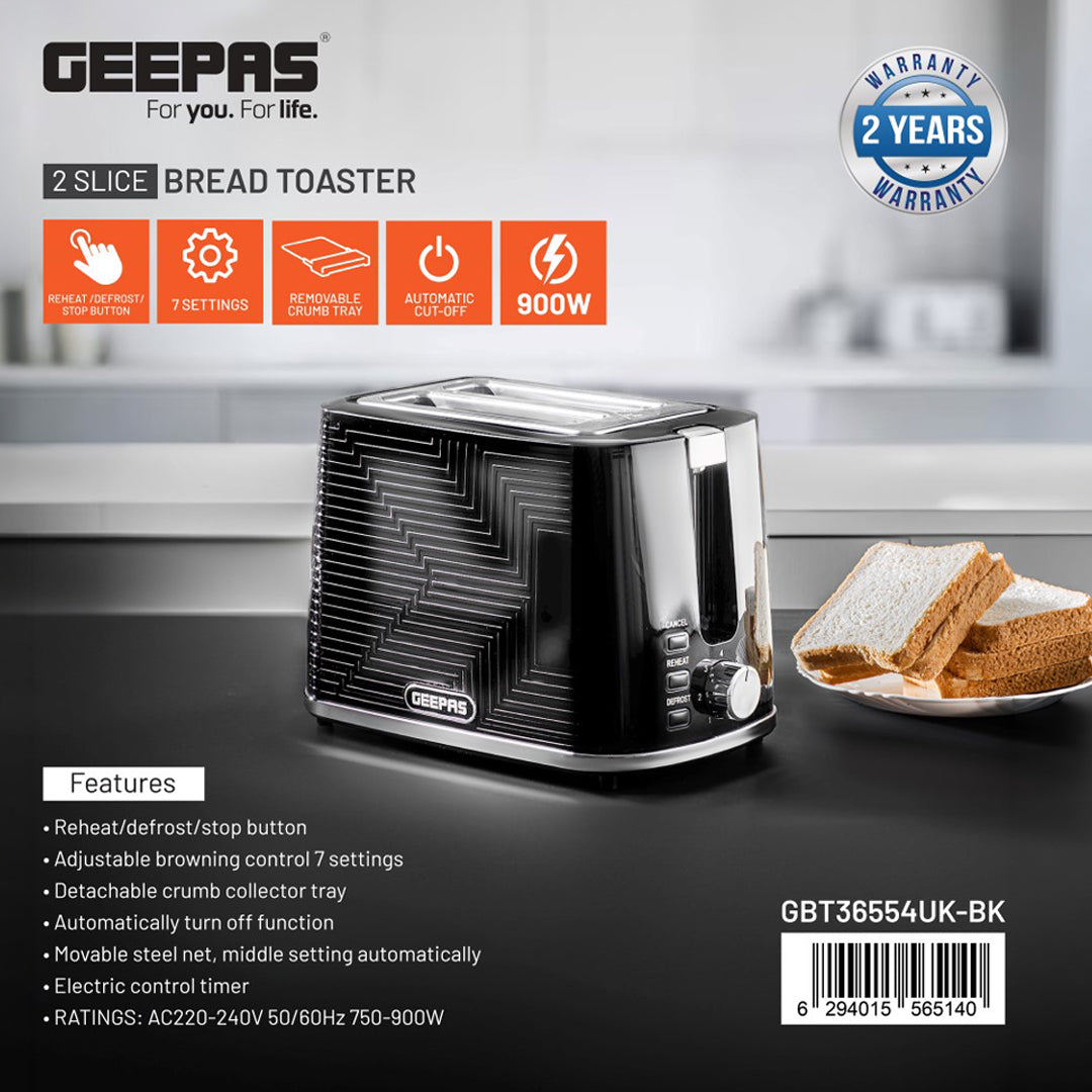 Geepas GBT36554UK-BK 2 Slice Bread Toaster 900W | 7 Browning Settings|  Reheat & Defrost Functions | Auto Cut-Off Safety | Removable Crumb Tray and 2 Year Warranty