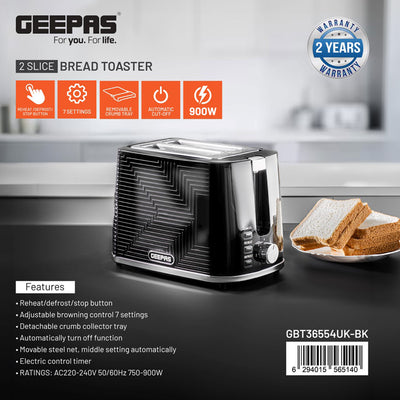 Geepas GBT36554UK-BK 2 Slice Bread Toaster 900W | 7 Browning Settings|  Reheat & Defrost Functions | Auto Cut-Off Safety | Removable Crumb Tray and 2 Year Warranty