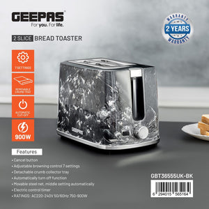 Geepas GBT36555UK-BK 2 Slice Bread Toaster 900W |  7 Browning Settings |  Removable Crumb Tray |  Auto Cut-Off |  Marble Finish | Compact Design & 2 Year Warranty