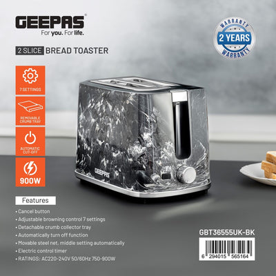 Geepas GBT36555UK-BK 2 Slice Bread Toaster 900W |  7 Browning Settings |  Removable Crumb Tray |  Auto Cut-Off |  Marble Finish | Compact Design & 2 Year Warranty