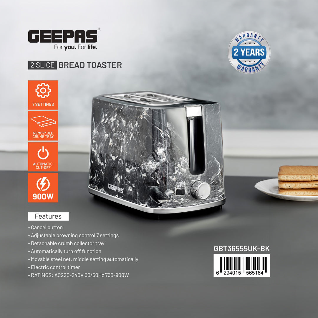 Geepas GBT36555UK-WT Skye Collection 2 Slice Toaster with 7 Browning Settings | Removable Crumb Tray | Cord Storage |Cancel Function & Marble Effect Finish for Kitchens