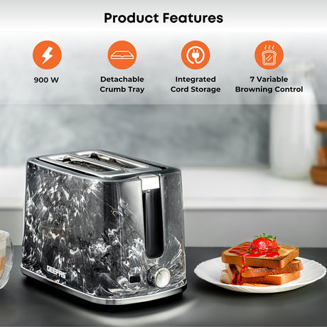 Geepas GBT36555UK-BK 2 Slice Bread Toaster 900W |  7 Browning Settings |  Removable Crumb Tray |  Auto Cut-Off |  Marble Finish | Compact Design & 2 Year Warranty