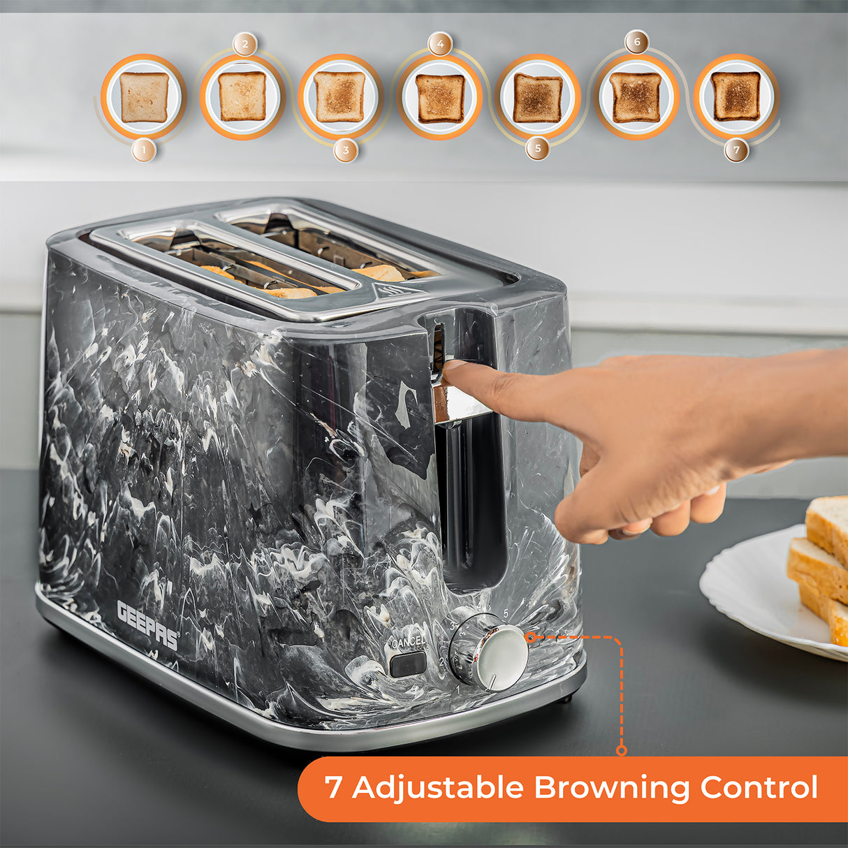 Geepas GBT36555UK-BK 2 Slice Bread Toaster 900W |  7 Browning Settings |  Removable Crumb Tray |  Auto Cut-Off |  Marble Finish | Compact Design & 2 Year Warranty