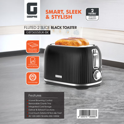 Geepas Fluted Bread Toaster GBT36558UK-BK – 2 Slice, 6 Browning Levels, Removable Crumb Tray, Defrost & Reheat, Ideal for All Bread Types, 2-Year Warranty, Black
