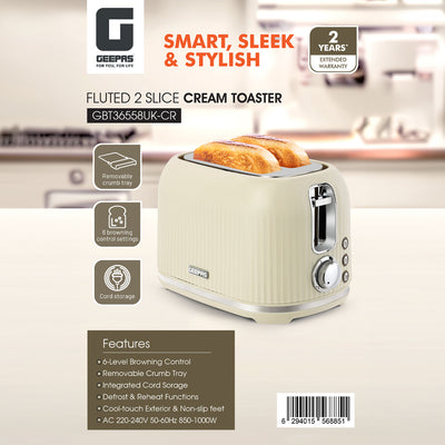 Geepas Fluted Bread Toaster GBT36558UK-CR – 2 Slice, 6 Browning Levels, Removable Crumb Tray, Defrost & Reheat, Ideal for All Bread Types, 2-Year Warranty, Cream