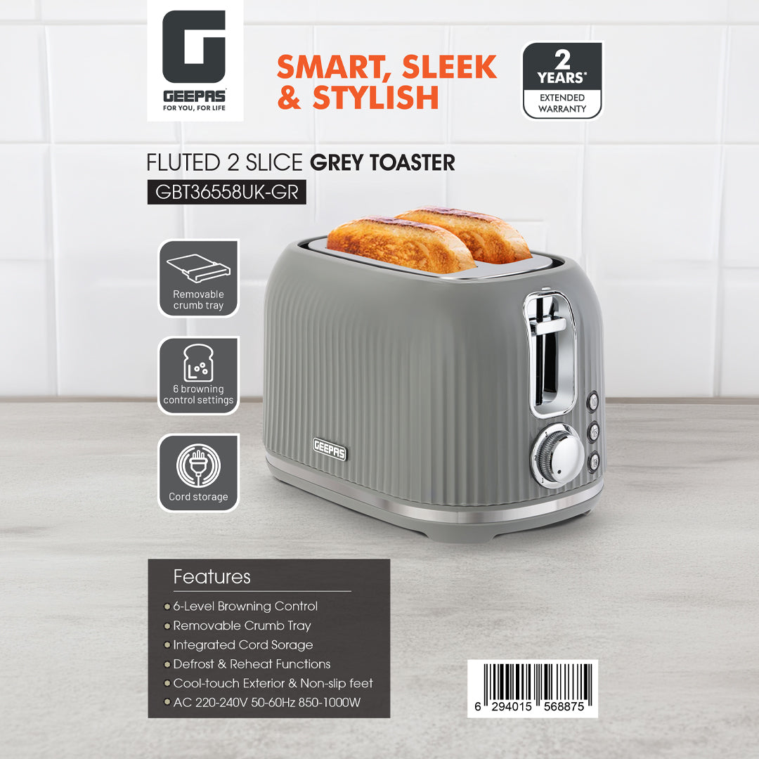 Geepas Fluted Bread Toaster- GBT36558UK-GR/ 2 Slice Slot, with 6 Adjustable Browning Control and Removable Crumb Tray, Defrost and Reheat Button/  2 Years Warranty, Grey