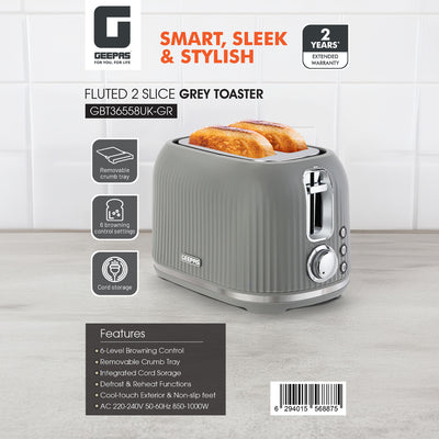 Geepas Fluted Bread Toaster- GBT36558UK-GR/ 2 Slice Slot, with 6 Adjustable Browning Control and Removable Crumb Tray, Defrost and Reheat Button/  2 Years Warranty, Grey