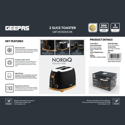 Geepas GBT36560UK-BK 2 Slice Toaster 850W | Wood Effect Design | 6 Browning Levels | Defrost | Reheat | Cancel Function & High Lift Lever |Stylish NordiQ Collection